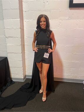 Black  Romper with Embellished Waist pageant fun fashion with long cape